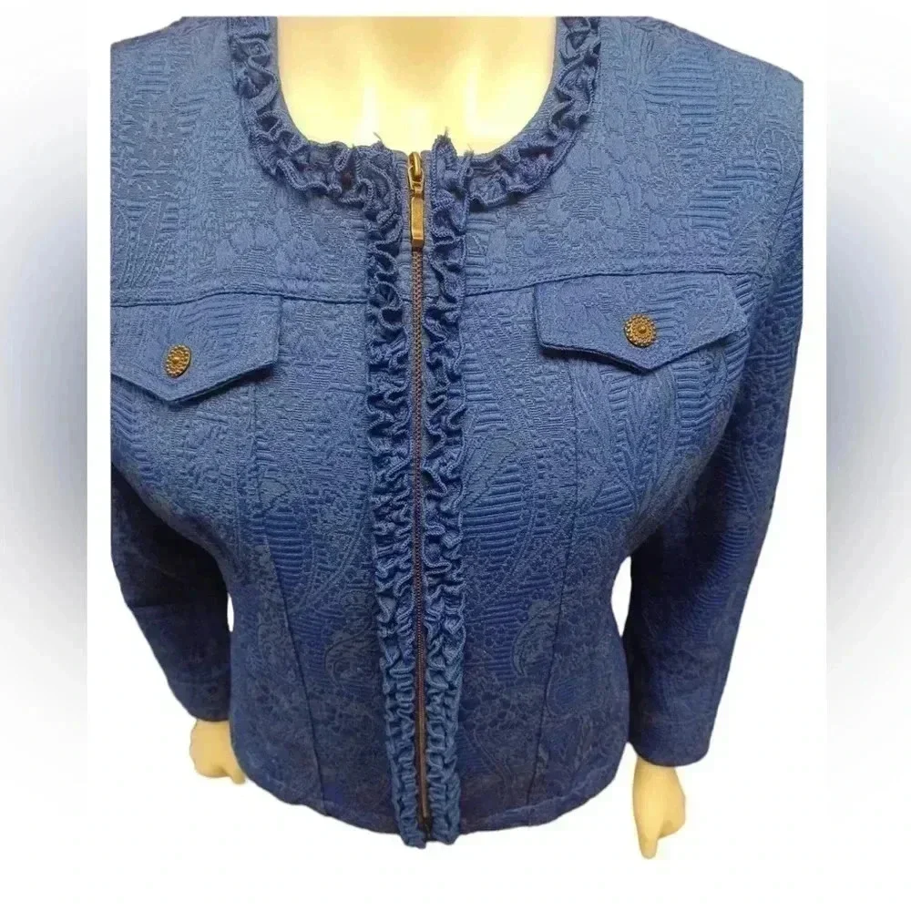 Ruby Rd. Blue Textured Ruffles Zip Up jacket Size 8 - Picture 3 of 11